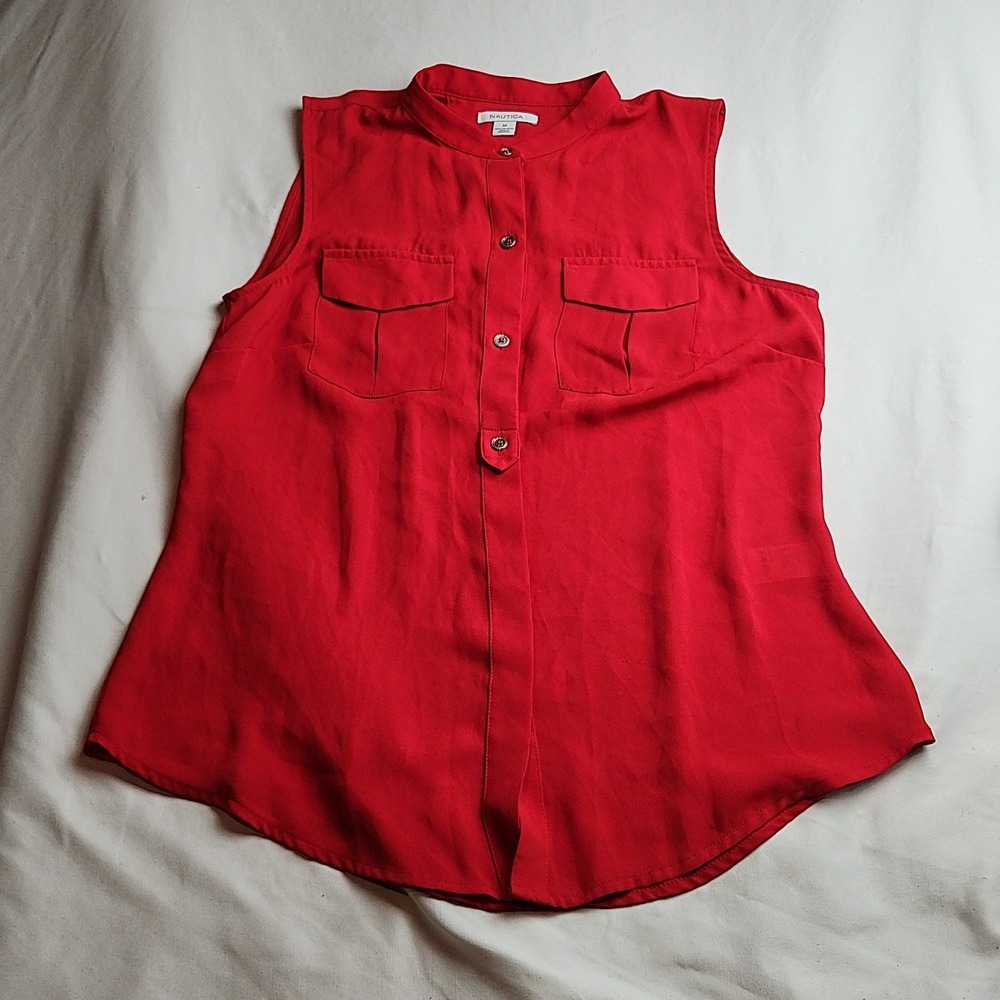 Nautica Sleeveless Button-Down Blouse Dual Chest Pockets Red Women's Size Medium